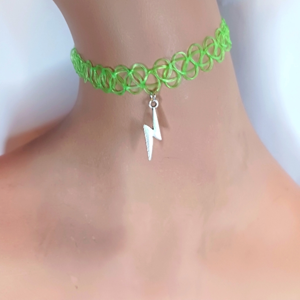 Neon Green Tattoo Choker Necklace with Silver Lightning Bolt Charm.